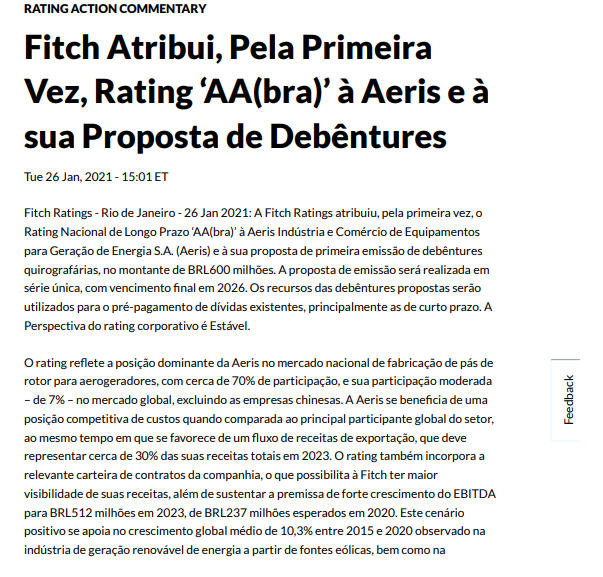 Aeris (AERI3) recebe rating ‘AA(bra)’ à proposta de debêntures por parte da Fitch