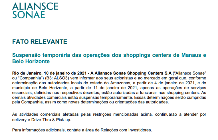 Aliansce Sonae (ALSO3) mantém apenas serviços essenciais em shoppings de Manaus e BH