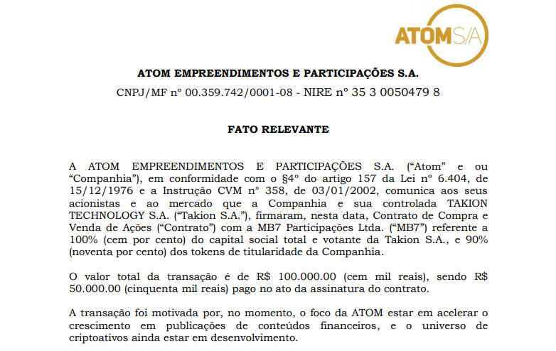 Atom Empreendimentos (ATOM3) informa compra e venda de ações com MB7 Participações