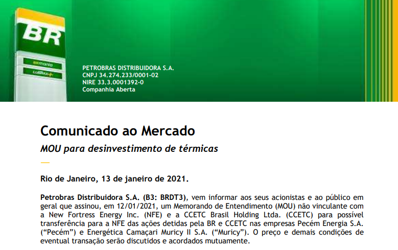 BR Distribuidora (BRDT3) assina com New Fortress e CCETC Brasil para transferência de ações