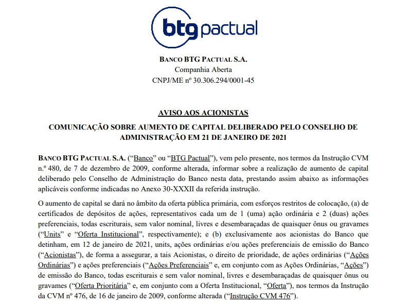 BTG Pactual (BPAC11) anuncia aumento de capital via oferta pública primária