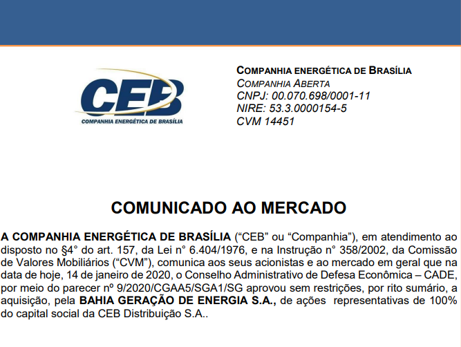 Neoenergia (NEOE3) tem aquisição da CEB Distribuição aprovada pelo Cade
