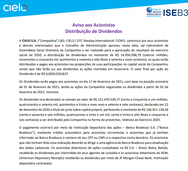 Cielo (CIEL3) anuncia distribuição de dividendos no valor de R$ 15 milhões