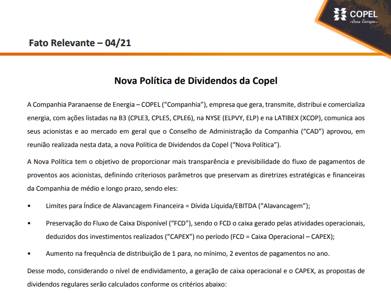 Copel (CPLE6) anuncia nova política de dividendos e reforma do estatuto social 