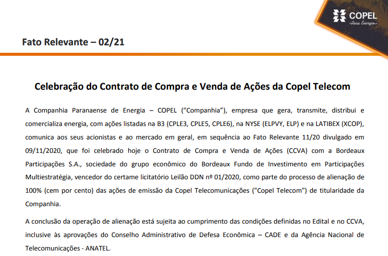 Copel (CPLE3) celebra contrato de compra e venda de ações com a Bordeaux