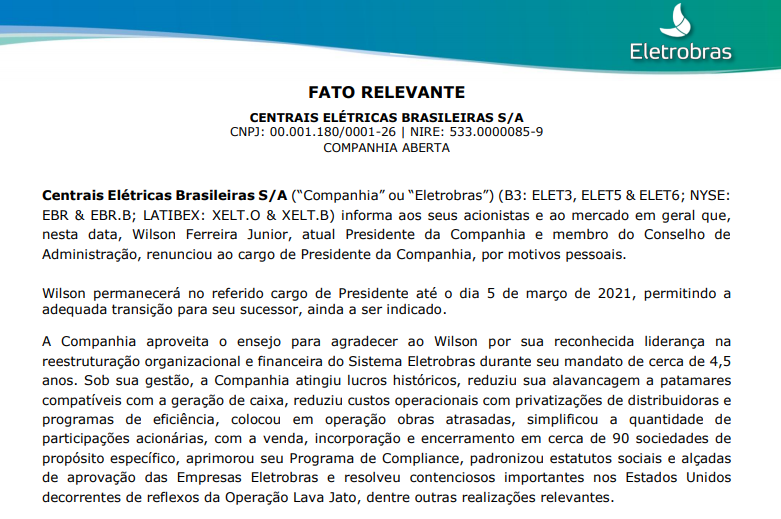Eletrobras (ELET6): presidente Wilson Ferreira renuncia ao cargo; Gerdau vence disputa