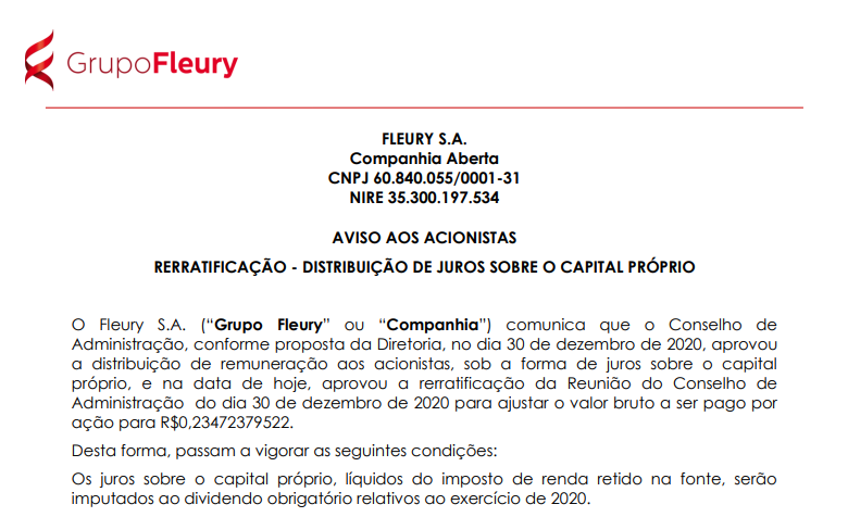 Fleury (FLRY3) rerratifica pagamento de R$75 mi em juros sobre capital próprio