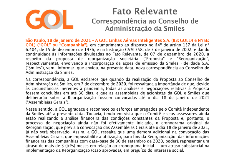 Gol (GOLL4) reforça proposta por reorganização societária da Smiles (SMLS3) que deixa a transação em suspenso