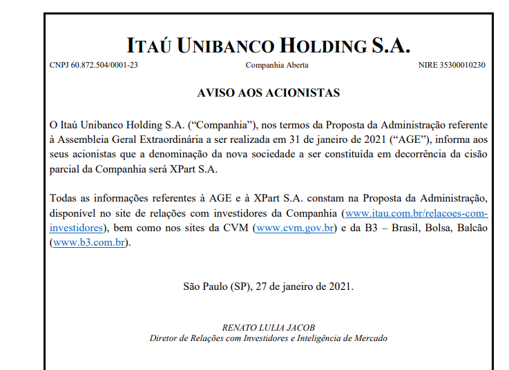Itaú (ITUB4): nova empresa da cisão da XP se chamará XPart; banco faz transferência indevida