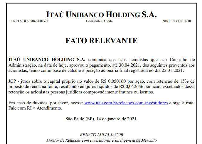 Itaú Unibanco (ITUB4) anuncia pagamento de juros sobre capital próprio até abril
