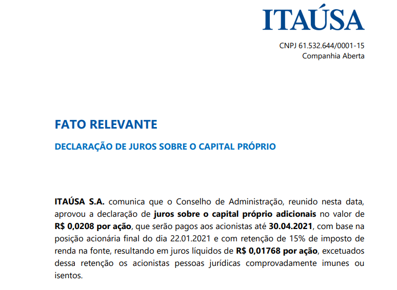 Itaúsa (ITSA4) aprova juros sobre capital próprio adicionais a serem pagos em abril