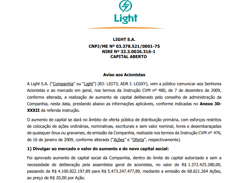 Light (LIGT3) anuncia aumento de capital via oferta pública de ações 