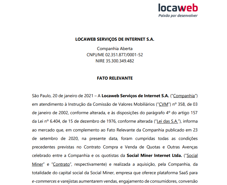 Locaweb (LWSA3) conclui compra da Social Miner por R$22,2 bi