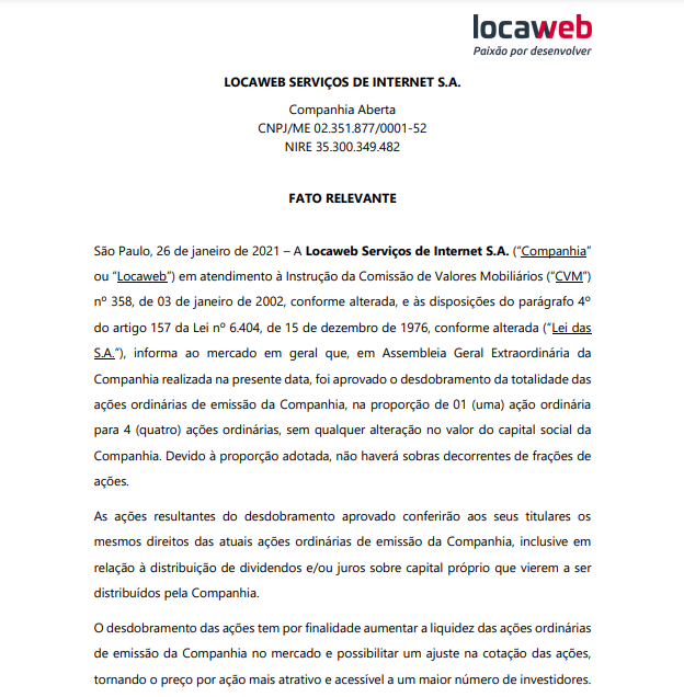 Locaweb (LWSA3) anuncia desdobramento de ações e aquisição da Connectplug
