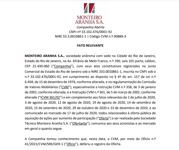 Monteiro Aranha (MOAR3) tem oferta pública de aquisição autorizada pela CVM