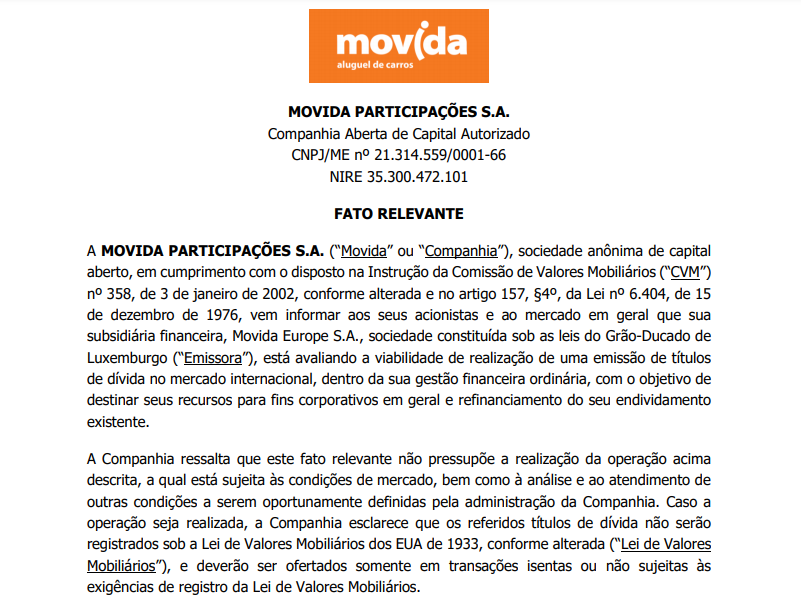 Movida (MOVI3) avalia emissão de títulos de dívida no mercado internacional