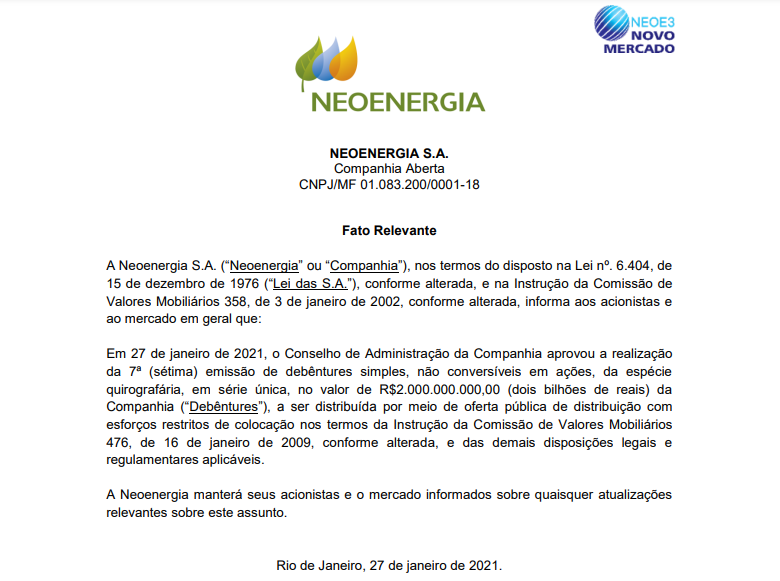 Neoenergia (NEOE3) anuncia sétima emissão de debêntures simples