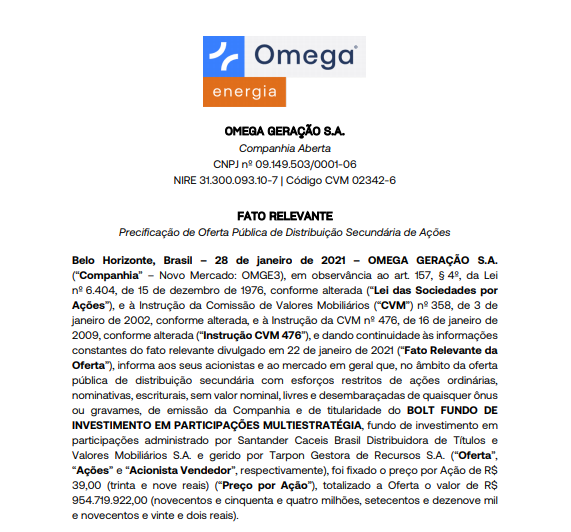 Omega Geração (OMGE3) precifica oferta pública de ação secundária 