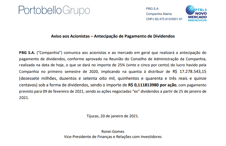 Grupo Portobello (PTBL3) anuncia pagamento de R$18 mi em dividendos antecipados 