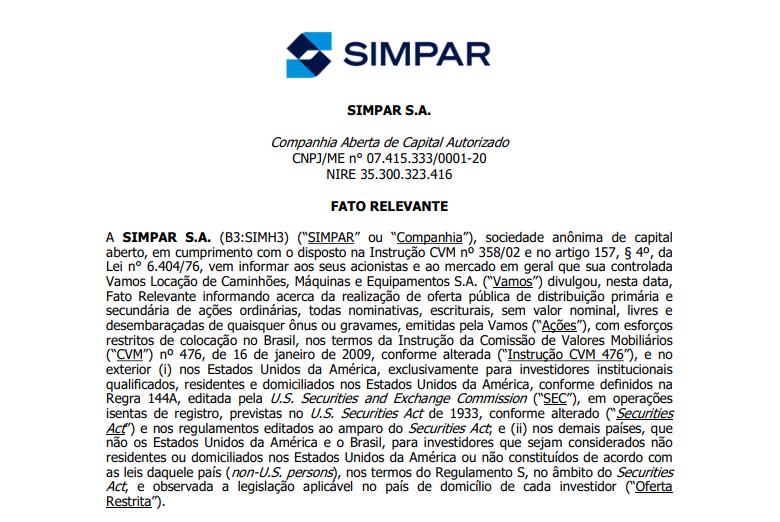Simpar (SIMH3) anuncia oferta primária e secundária de sua empresa Vamos