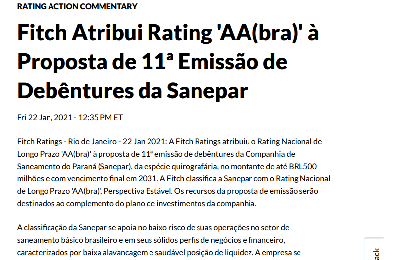 Sanepar (SAPR4): Fitch atribui rating 'AA(bra)' à proposta de emissão de debêntures