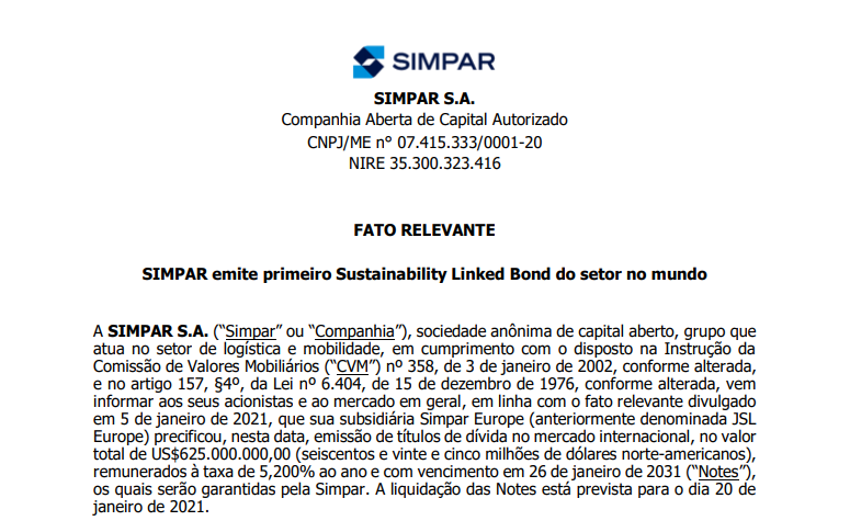Simpar (SIMH3) emite primeiro Sustainability Linked Bond do setor no mundo