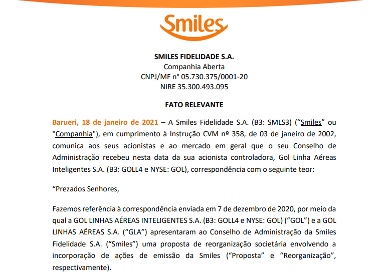 Gol (GOLL4) reforça proposta por reorganização societária da Smiles (SMLS3) que deixa a transação em suspenso