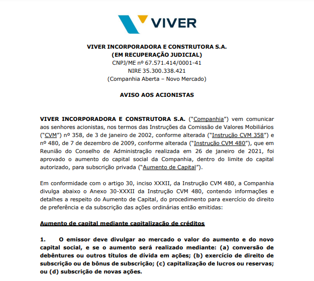 Viver Empreendimentos (VIVR3) anuncia emissão de ações para aumento de capital