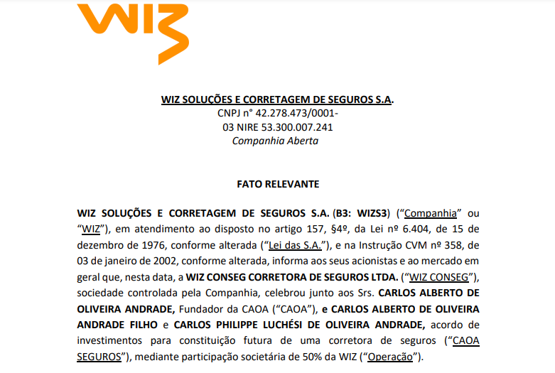 WIZ (WIZS3) e CAOA assinam acordo de investimento para constituição de futura corretora de seguros