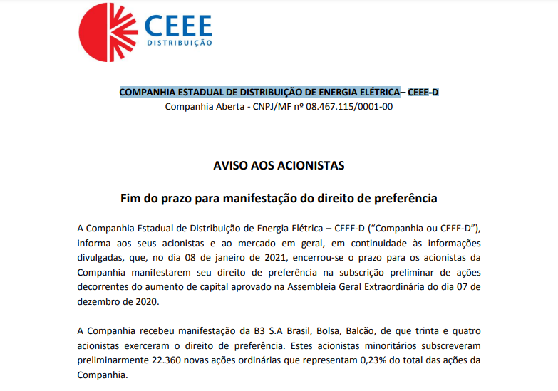 CEEE-D informa fim do prazo para manifestação do direito de preferência sobre ações