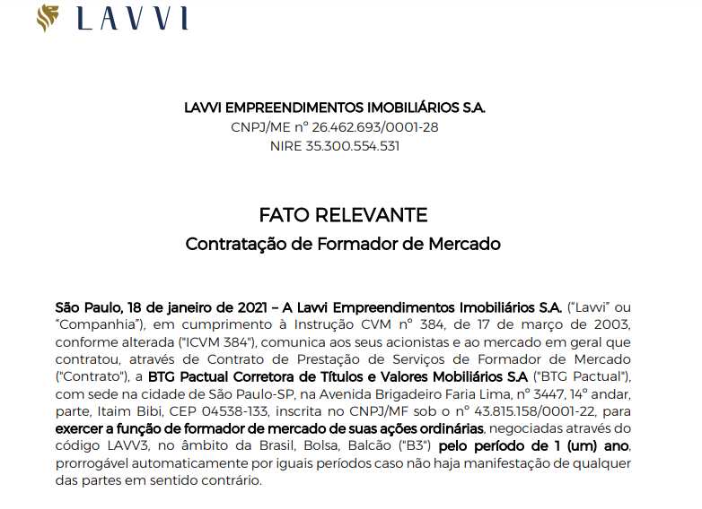Lavvi (LAVV3) contrata BTG Pactual como formador de mercado para operar suas ações 