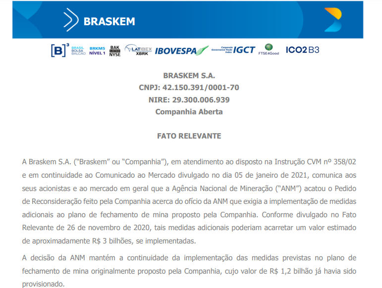Braskem (BRKM5): ANM acata pedido de reconsideração por fechamento de mina 