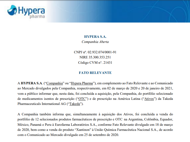 Hypera (HYPE3) conclui aquisição de portfólio da Takeda Pharmaceuticals International