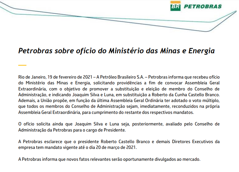 Petrobras (PETR4) informa que Castello Branco tem mandato até 20 de março de 2021