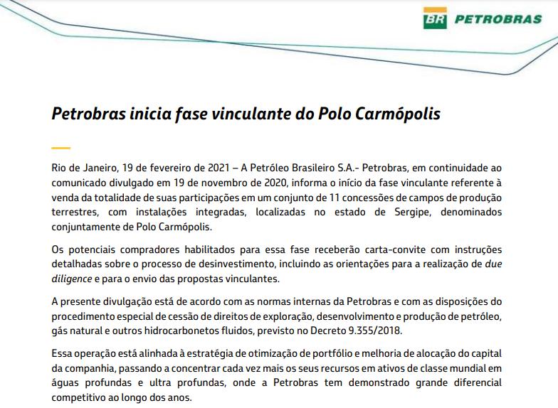Petrobras (PETR4) inicia fase vinculante do Polo Carmópolis
