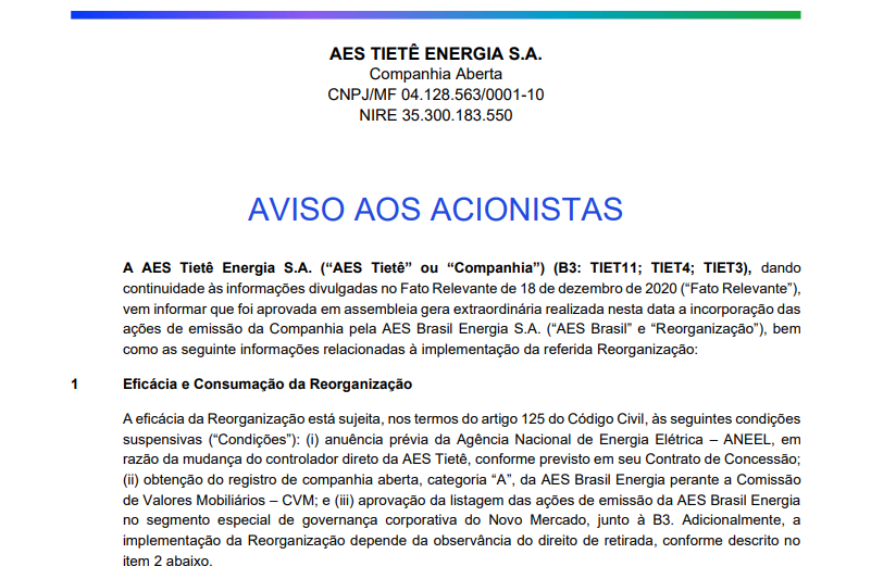 AES Tietê (TIET11) anuncia incorporação das ações de emissão via reorganização societária