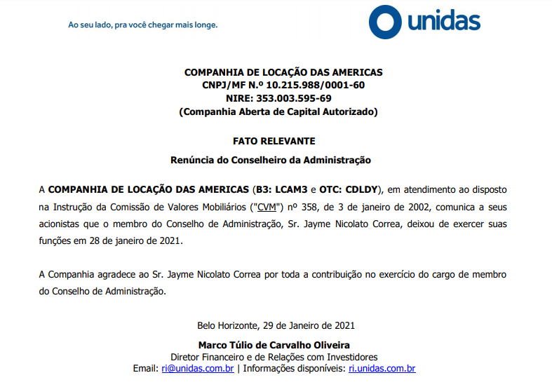 Unidas (LCAM3) anuncia renúncia do conselheiro Jayme Nicolato Correa