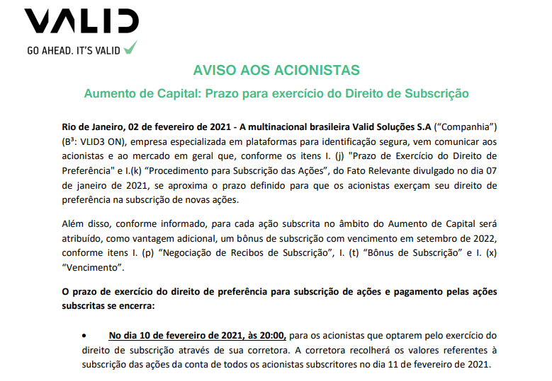 Valid (VLID3) anuncia aumento de capital via subscrição de ações 