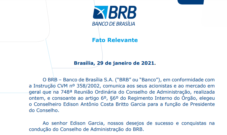 BRB (BSLI3) anuncia Edison Antônio Costa Britto Garcia como presidente do conselho