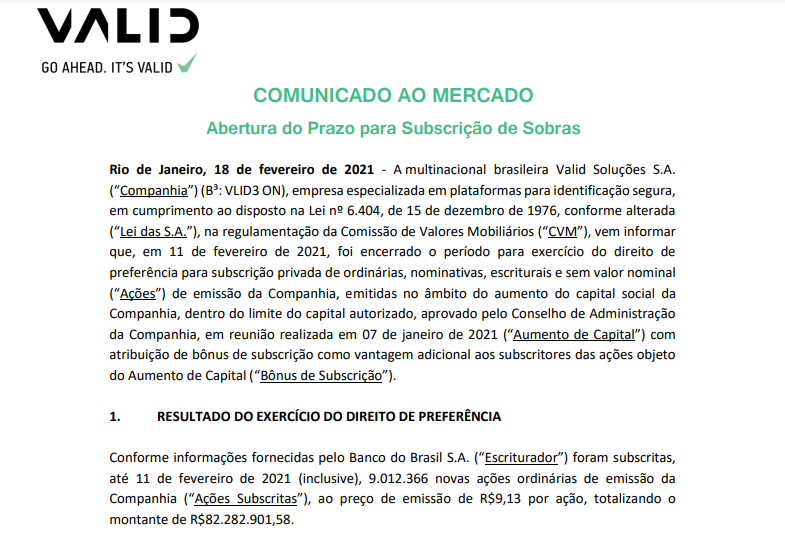 Valid (VLID3) anuncia abertura do prazo para subscrição de sobras