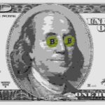 Dólar com moedas de bitcoins nos olhos em alta