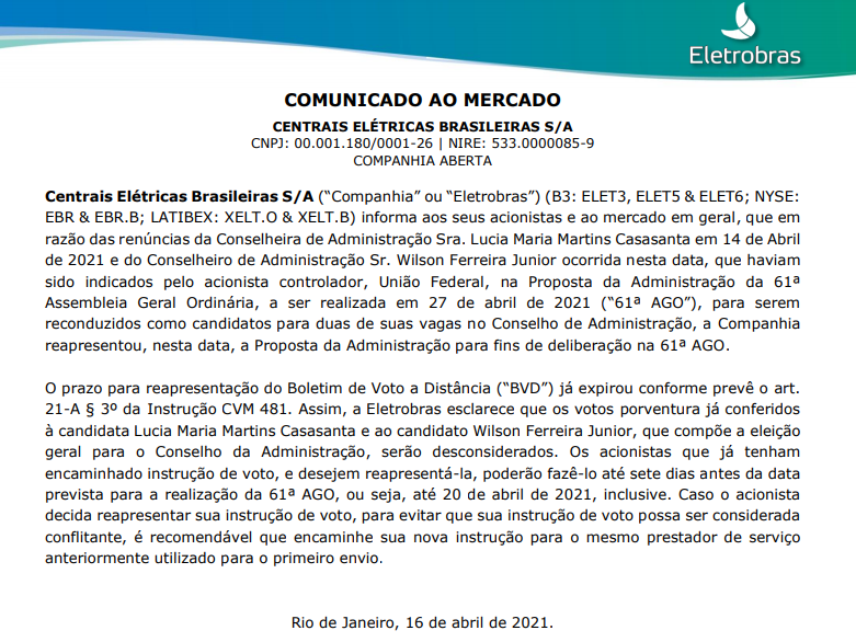 Eletrobras (ELET6) informa renúncia de Wilson Ferreira Junior do Conselho