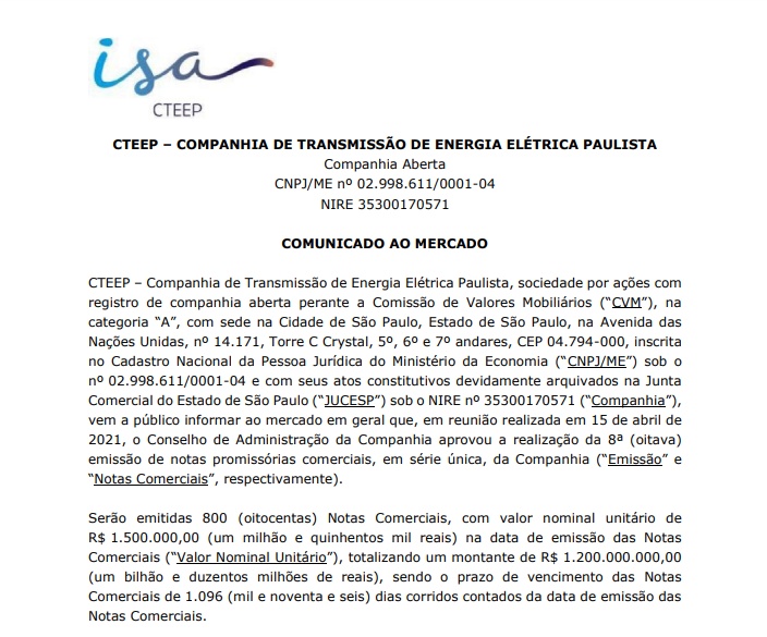 Transmissão Paulista (TRPL4) anuncia 8ª emissão de notas promissórias comerciais