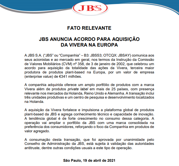 JBS (JBSS3) adquire totalidade das ações da produtora europeia Vivera