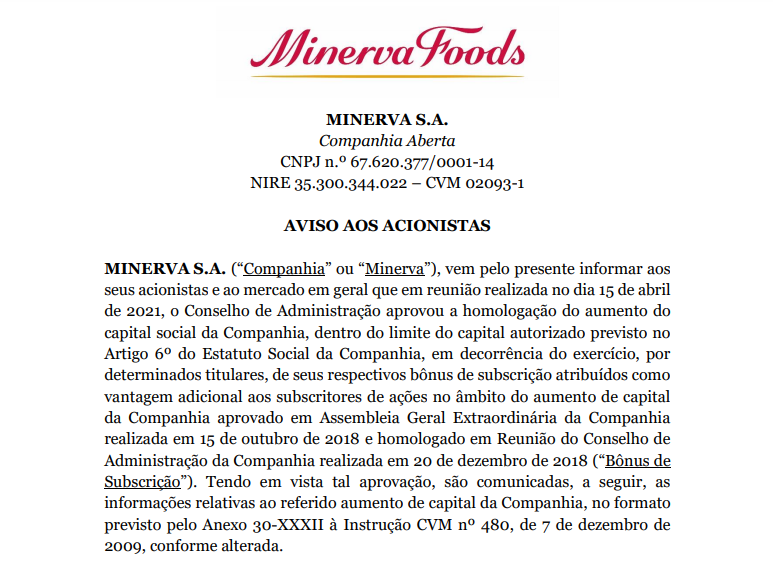 Minerva (BEEF3) anuncia aumento de capital social