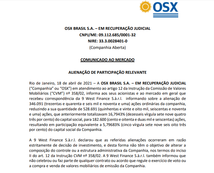 OSX Brasil (OSXB3) informa alienação de 346 mil ações pela 9 West Finance