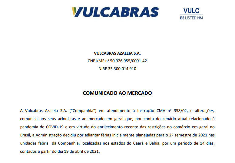 Vulcabras Azaleia (VULC3) antecipa férias dos funcionários por conta da pandemia