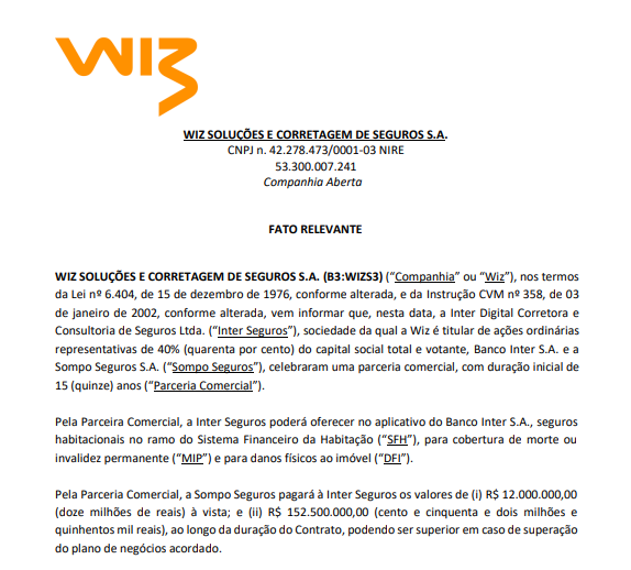 Wiz anuncia parceria comercial de 15 anos com a Sompo Seguros por meio do Inter